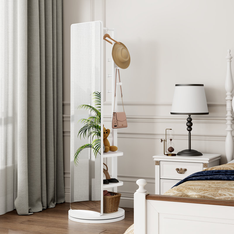 360° Rotating Multifunctional Solid Wood Floor Full Length Mirror With Hook Storage Rack For Bedroom, Living Room, Cloakroom