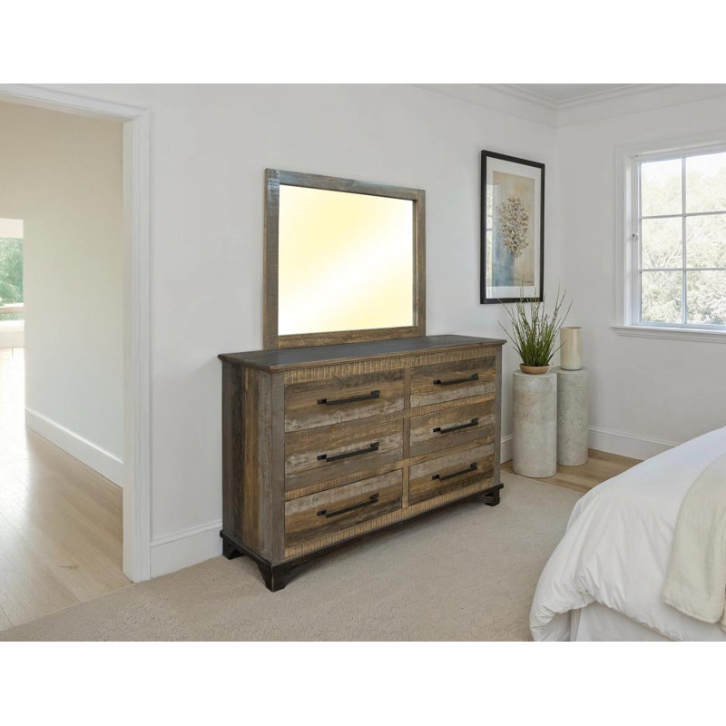 Commode Loft marron à 6 tiroirs avec miroir
