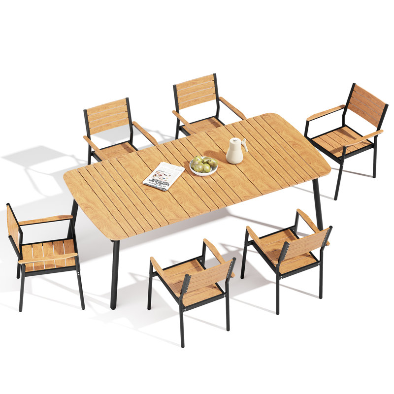 Ensemble de salle à manger rectangulaire d'extérieur à structure en aluminium pour 6 personnes Deen avec chaises empilables (ensemble de 7)