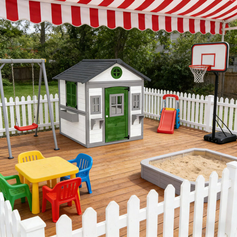 Maison d'extérieur pour enfants, maisonnette en bois, Gris foncé / vert / blanc