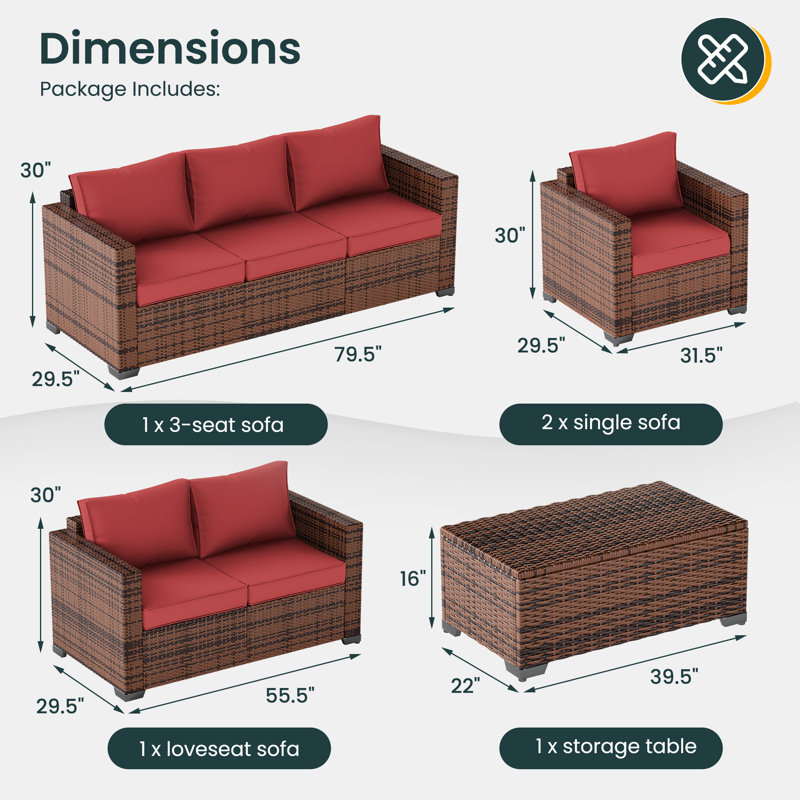 Azoriah 7 -  Person Oversized Armrest Outdoor Sectional Furniture Rattan Sets w/Storage Table, Wine Red