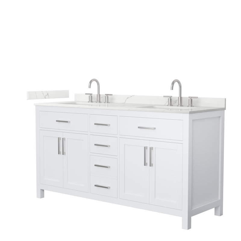 Beckett 66" Freestanding Double Bathroom Vanity with Quartz Top, Brushed Gold, White Quartz, Whitewashed Oak
