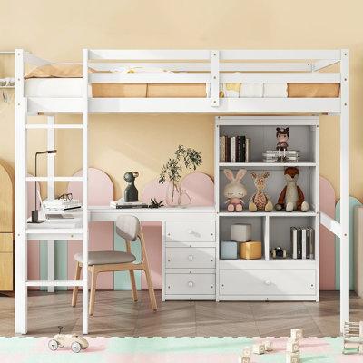 Full Size Loft Bed With Desk And Bookcase And 4 Drawers And Ladder by Harriet Bee