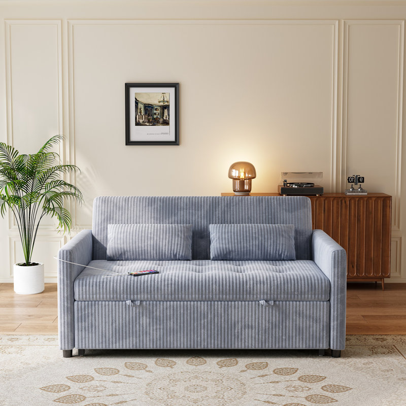 53" Corduroy Convertible Loveseat Sleeper Sofa with Pull-Out Bed, USB & Storage, Grey, Gray Corduroy