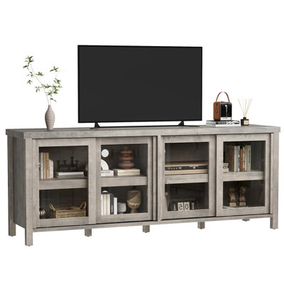 62 inch Gray TV Stand for 65 Inch TV Mid-Century Modern Entertainment Center with 4 Sliding Glass Doors & Storage Cabinet Media TV Console Table for Living Room Bedroom
