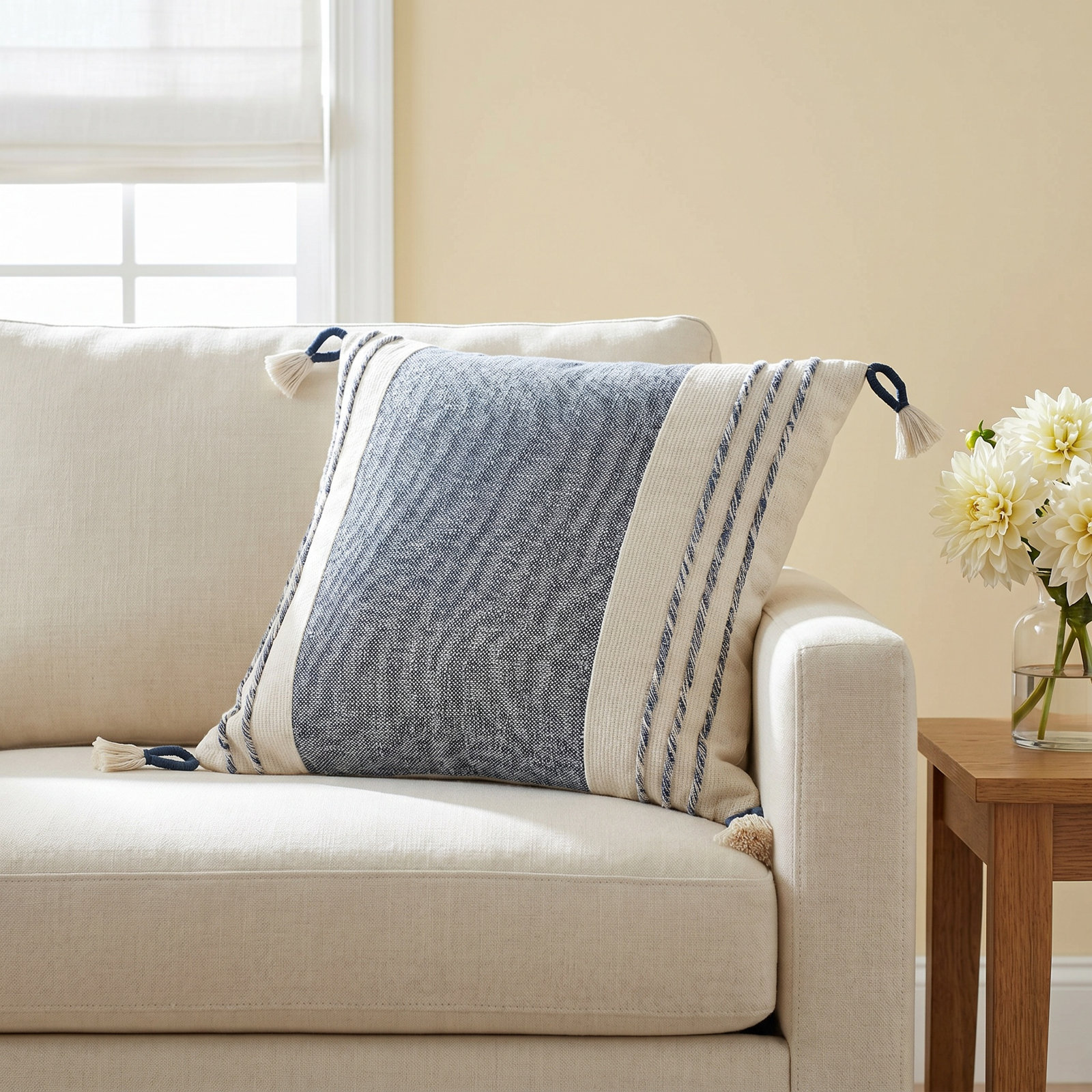 Tassels Cotton Throw Pillow, Dark Blue/White