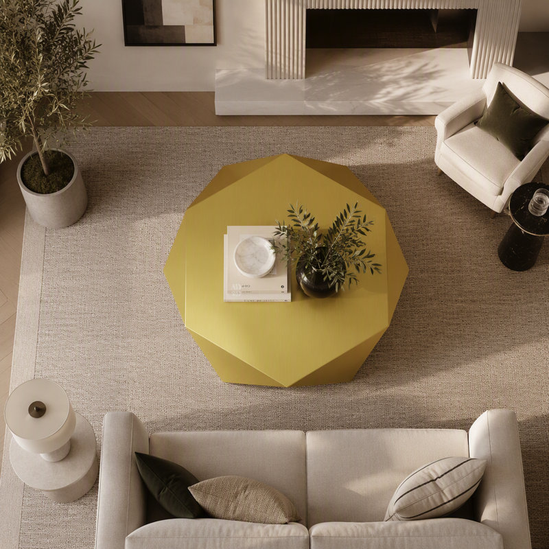 Table basse moderne en acier inoxydable avec motif losange hexagonal, livrée sans assemblage, Doré