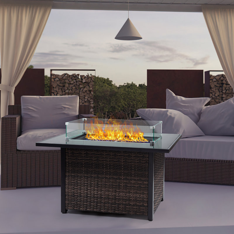 Foyer extérieur 50 000, table à gaz propane avec couvercle, base et pare-vent en verre, pour cour de jardin, table chauffante de conception contemporaine et jardin arrière, hypnotisant