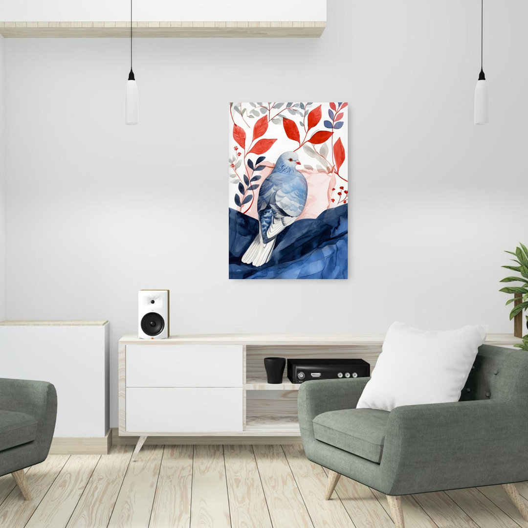 Blue Dove Red Leaves Peaceful Serene Abstract Bird Autumn Nature Wall Art Print