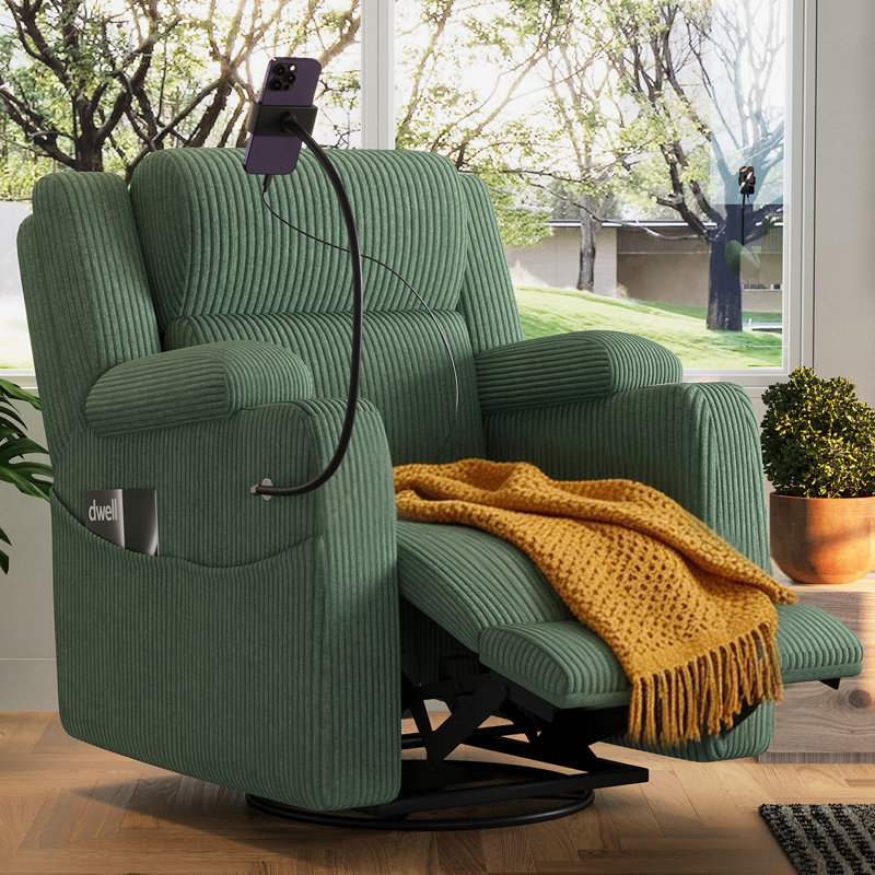 37'' W Upholstered Power Recliner With Massage And Heating, Green Corduroy