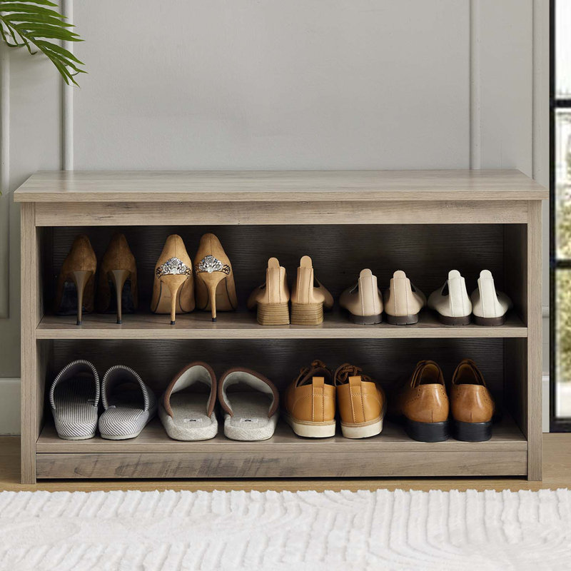 2-Tier Wooden Shoe Bench, 9 Pair Storage Entryway Organizer With Seat, Gray
