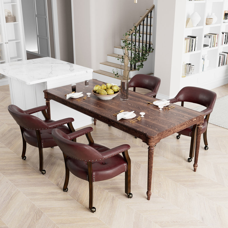 Wexford Collection Mid-Century Modern Upholstered Dining Chair, Faux Leather Wood Accent Chair with Arms and Casters, Single Dining Chair for Dining Room, Vanity or Office