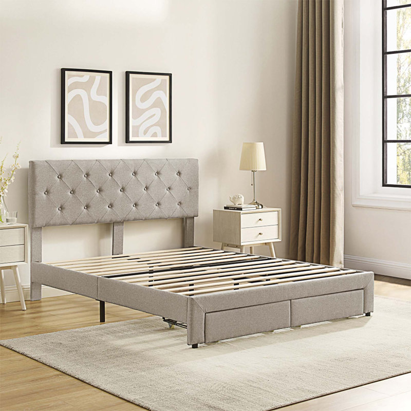 Upholstered Storage Bed, Queen, Beige