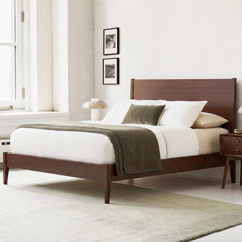 Structure de lit plateforme en bois de bambou massif de style Mid-Century avec lattes de bois et support en métal, lit sommier, assemblage facile