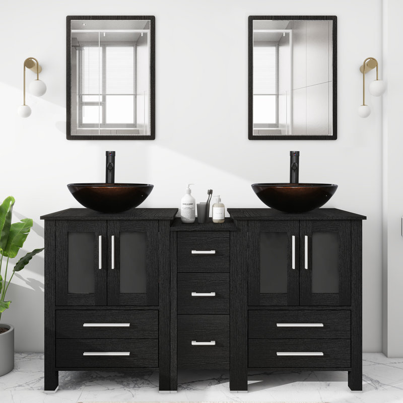 Chaitan 60'' Double Bathroom Vanity with Vessel Sink, Manufactured Wood Top, Faucet (Set of 5), Brown, Black