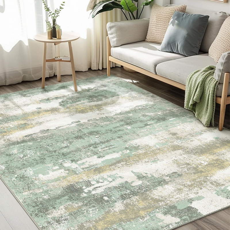 Tapis de salon 5 x 7, grand tapis vert clair moderne lavable à la machine