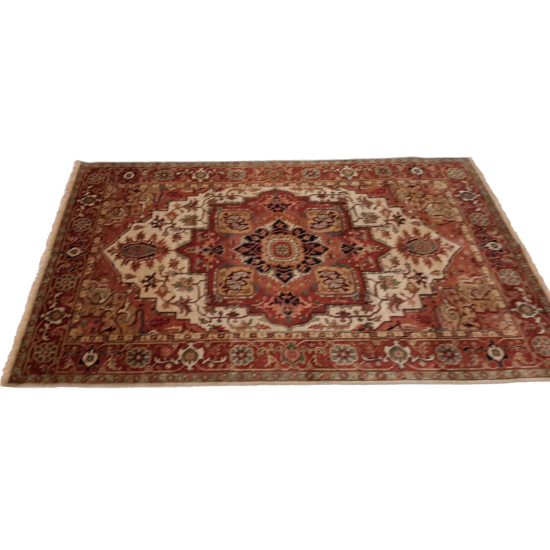 Tapis beige / rouge en laine / coton oriental fait à la main 6 pi x 8 pi 11 po