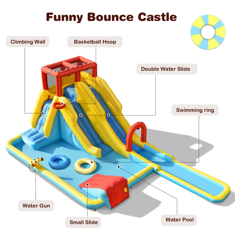 Multi-Color Inflatable Bounce House with Dual Slides and Water Park