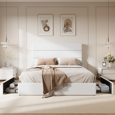 Modern Platform Bed Frame With 4 Storage Drawers And Velvet Upholstered Headboard