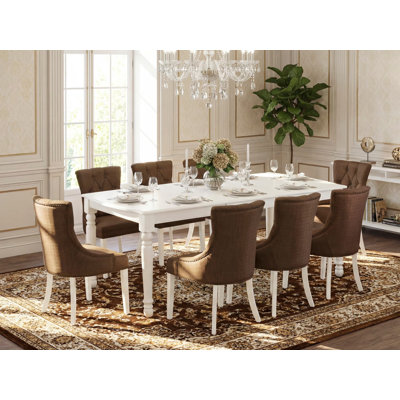 9 Piece Dining Table Set Includes a Rectangle Dining Room Table with Butterfly Leaf and 8 Brown Linen Fabric Parson Chairs, 42x78 Inch, Linen White