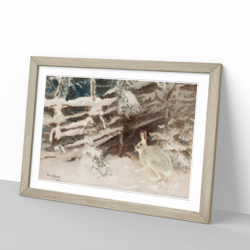 White Hare Vol.1 by Bruno Liljefors - Picture Frame Painting, 27cm H x 36cm W x 2cm D, Oak