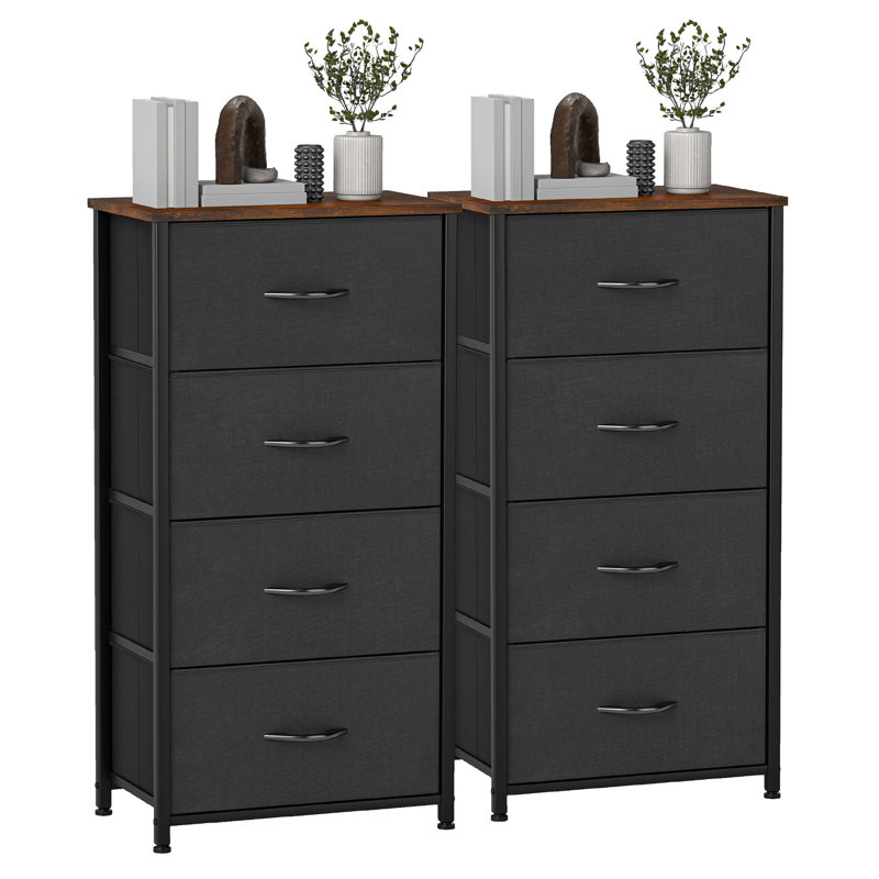  Ensemble 2 pièces commode à 4 tiroirs l 17,7 po avec tiroirs de rangement pliables, Brun / Noir