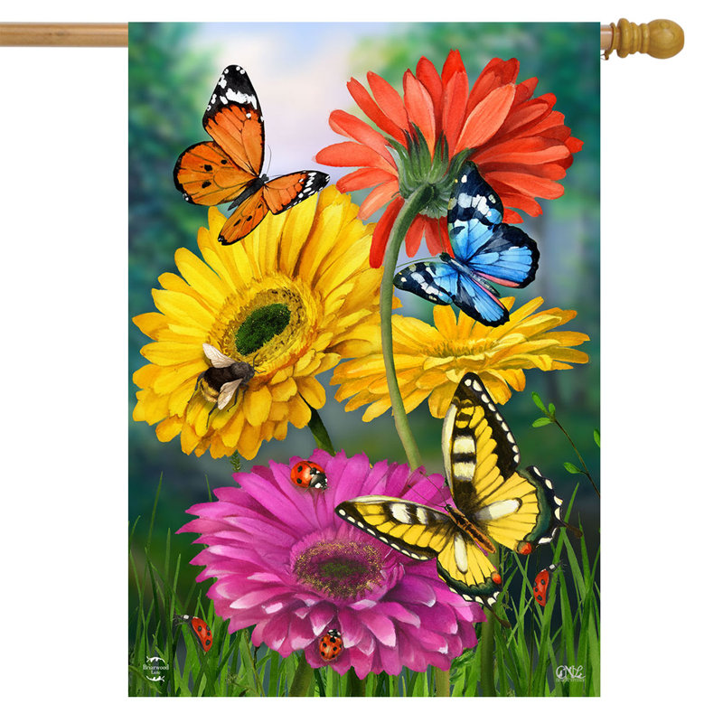 Drapeau de maison papillons et marguerites, Printemps jaune/violet/orange