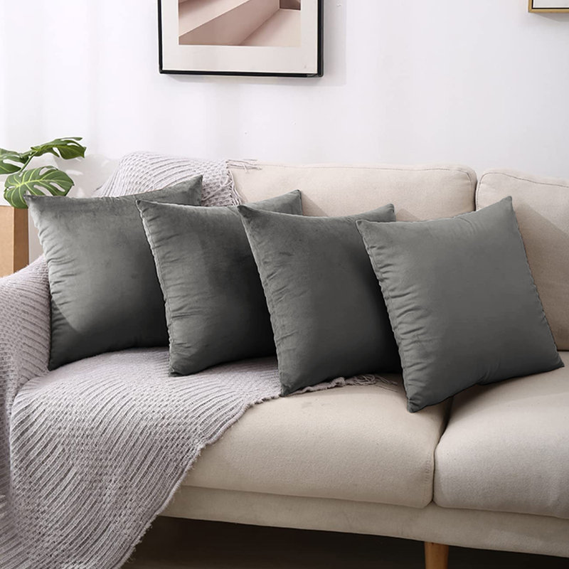 Square Luxury Velvet Throw Cushion Covers for sofa, couch set of 4, Grey