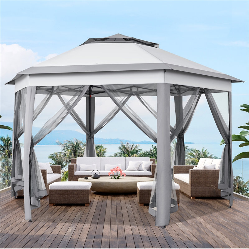 13 Ft. W x 11 Ft. D  Slolar Powered Metal Patio Gazebo with Sidewalls, Light Gray/Dark Gray