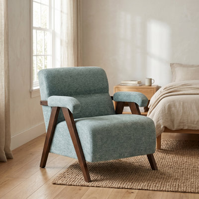  Mid Century Modern Accent Chair – Solid Wood Frame, Tufted Green Polyester Upholstery with Thick Cushion