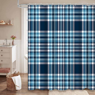Tartan Plaid Checkered Fabric Blue Shower Curtain with 12 Hooks