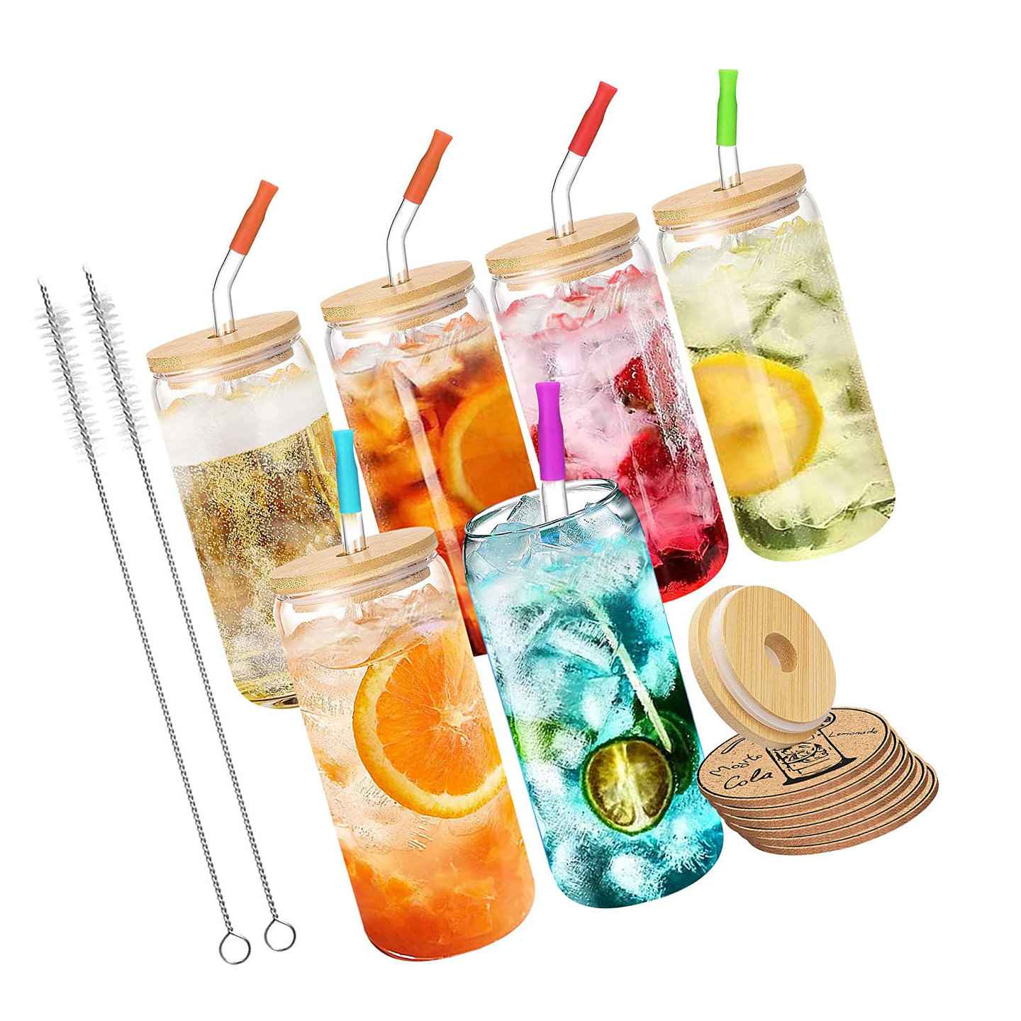 Glass Cups with Bamboo Lids Glass Straws and Coasters (Set of 4 16