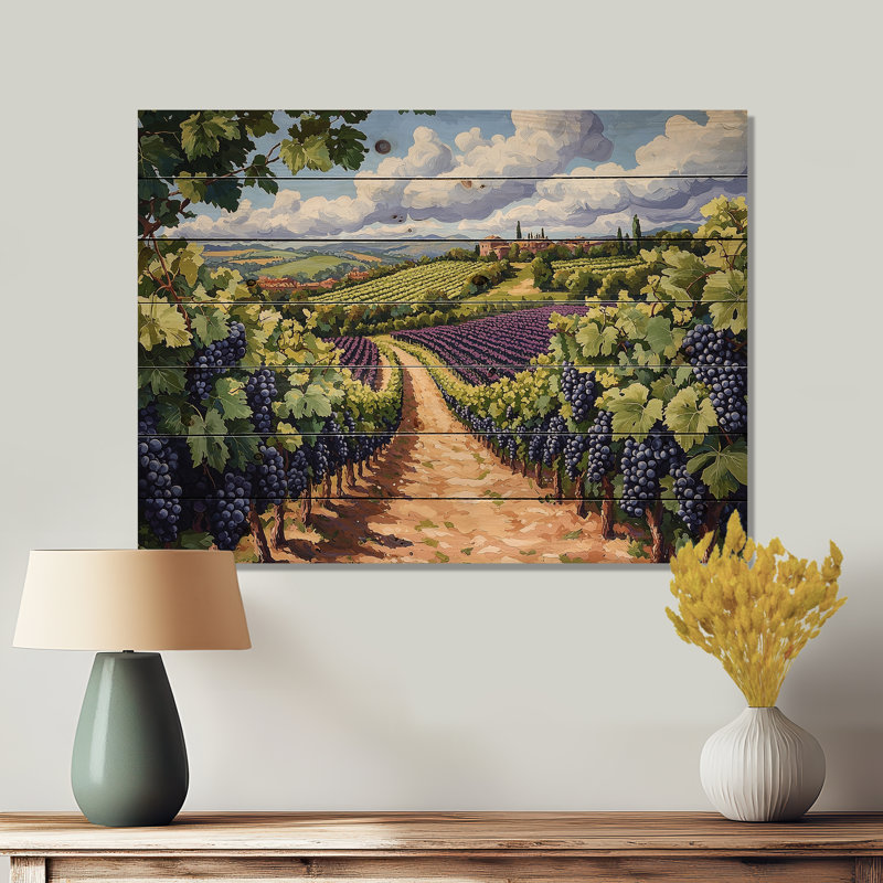Vineyard In California Summer I - Vineyard Wood Wall Decor - On Natural Pine Wood, 10" H x 20" W x 0.78" D