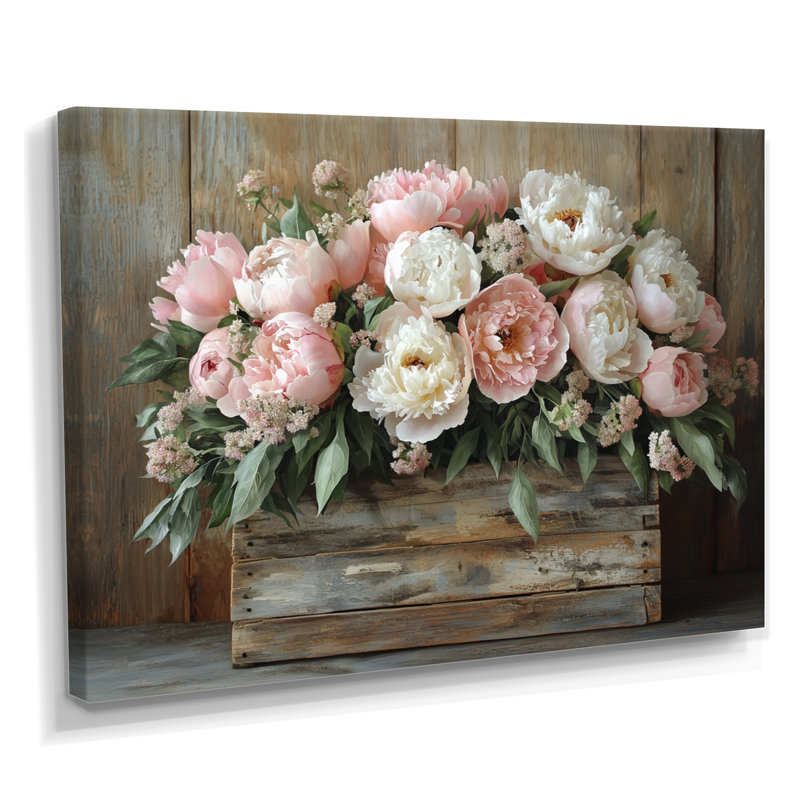 "Farmhouse Chic Bouquet II" - pivoines, reproduction d'art sur toile encadrée, H 30 po x l 40 po, Toile tendue