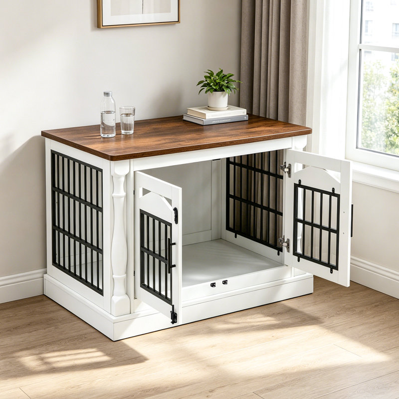 Meuble de cage pour chien en bois naturel avec conception à double porte pour chiens de taille moyenne à grande l 47,24 po 