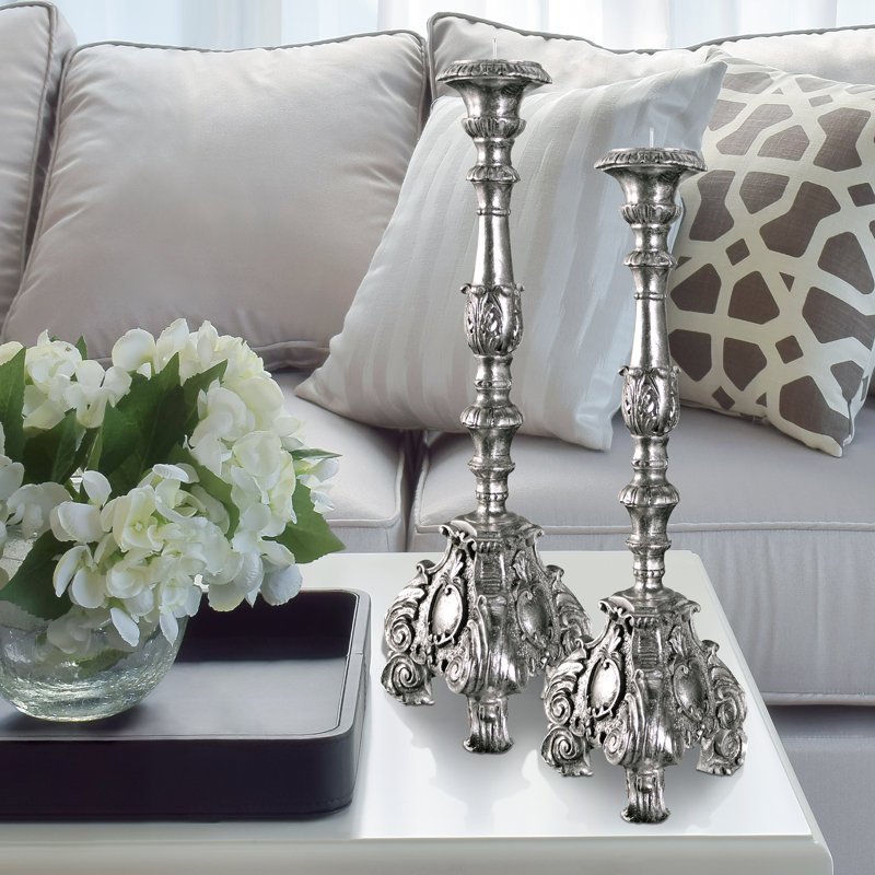 Elegant Baroque Scroll-Footed Silver Leaf Resin Candlesticks, Set of 2