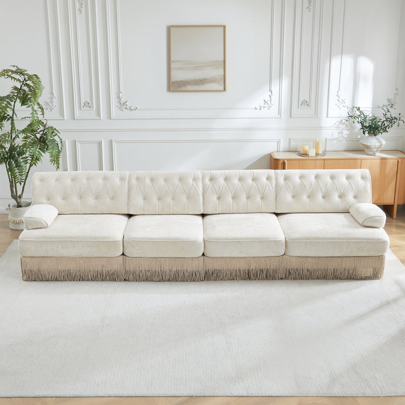 Canapé Chesterfield, Beige, 4, H 34,2 po x l 135,6 po x P 33,8 po