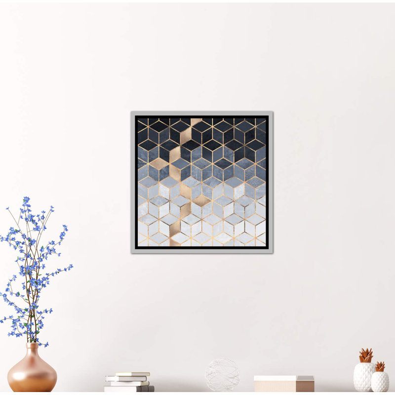 «Soft Blue Cubes» par Elisabeth Fredriksson - impression d'art graphique, Toile avec cadre argenté
