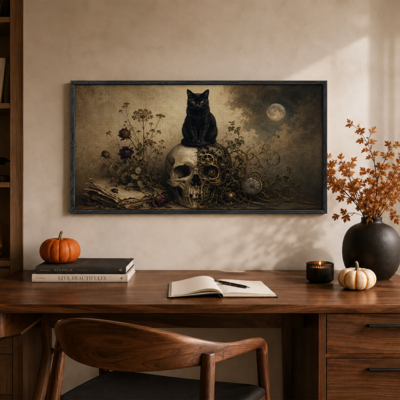 Chat noir sur crâne Steampunk avec roses, art mural d'Halloween, 58“W x 28”H