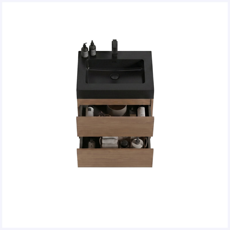 Meuble-lavabo mural 24 po noyer brun flottant avec évier, grand rangement, pré-assemblé, lavabo une pièce noir, 24" W, Black