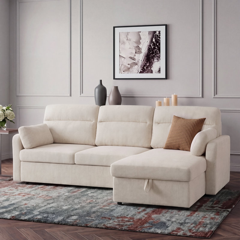 92''W Chenille Convertible L-Shaped Sectional Sofa Bed With Storage Two Pillows, Beige Chenille