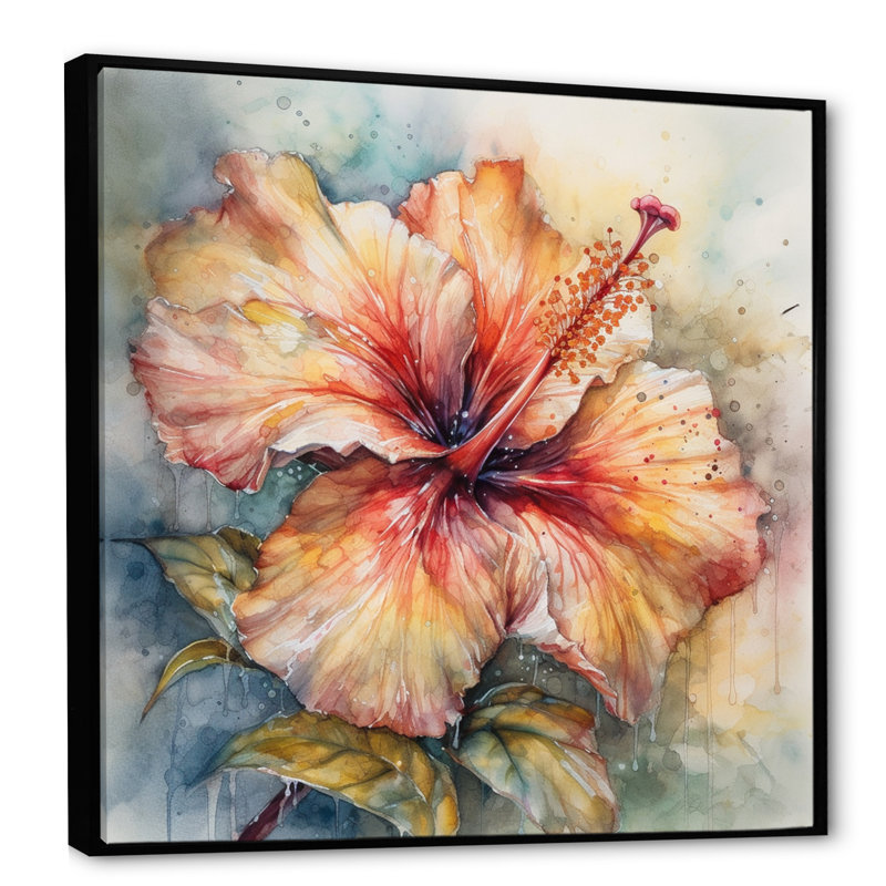 Hibiscus Euphoria II gris orange de Rrahim - art mural hibiscus, H 24 po x l 24 po, Cadre flottant noir