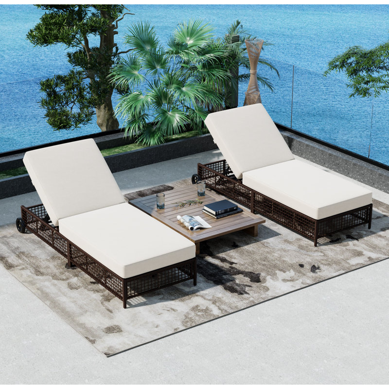 TREXM Outdoor Lounge Chair Set of 2, Patio Chaise Lounge with 5-Position Backrest, Rattan Outdoor Lounge Chair with Cushion and Wheels for Poolside, Backyard, Garden