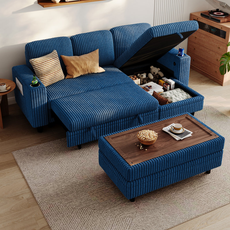  Sherry 81'' Upholstered L Shaped Modular Sectionals with Ottoman, Pull-out Sofa & Storage Chaise, Soren Navy Corduroy