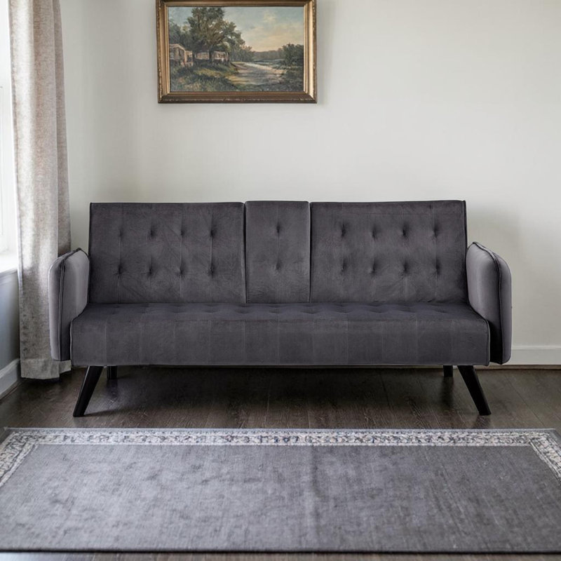 72" Futons Upholstered Convertible Sofa Bed With Cup Holders And Adjustable Backrest, Dark Gray Velvet, Black