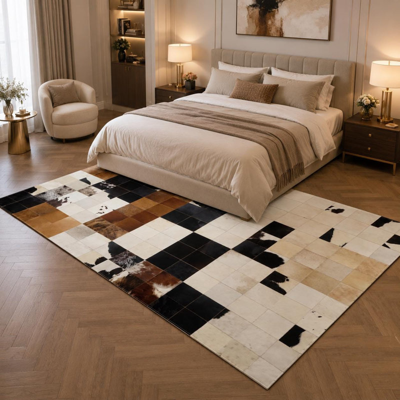 Tapis en cuir de vache patchwork fait à la main, tapis en cuir véritable, tapis moderne de luxe, Tapis de couloir 2,5 x 8 pi