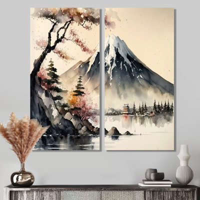 Paysage japonais en aquarelle II - art mural traditionnel blanc 2 pièces