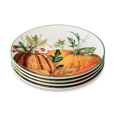 Harvest Fields 11” Ceramic Dinner Plates – Set of 4 Rustic Farmhouse Plates with Vibrant Pumpkin & Botanical Design – Perfect for Fall Dining, Thanksgiving Feasts & Cozy Gatherings – Microwave Safe