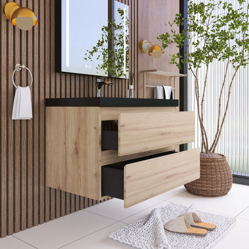Meuble-lavabo mural simple avec plateau en résine 35,4 po Madesyn, Naturel