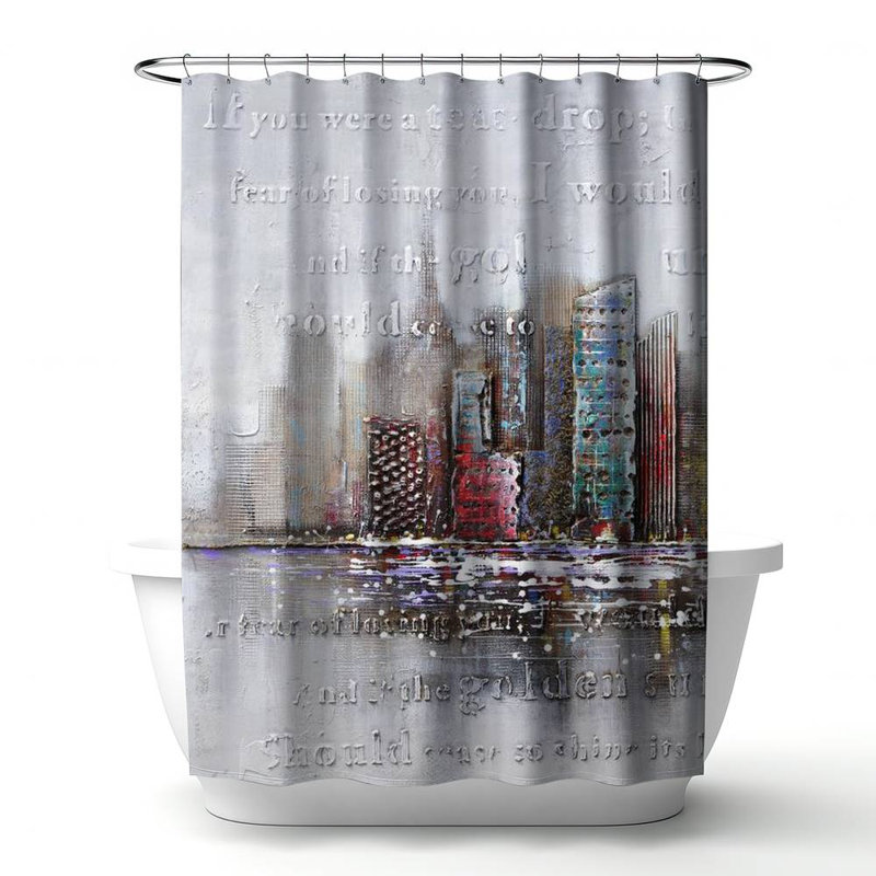 Cities Gray Industrial – Cityscape Typography – Polyester Shower Curtain, Dye Sublimation Print, 71" W × 74" L